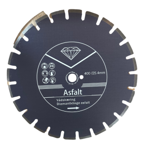 Murerpoint Diamantklinge Ø400 mm til asfalt. Lasersvejsede segmenter sikrer hurtig skæring. Vådkapning anbefales for længere levetid