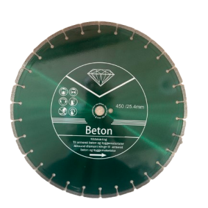 Diamantklinge Ø450 / Ø400 mm til vådkapning i armeret beton og hårde byggematerialer. Høj skærehastighed og lang levetid.